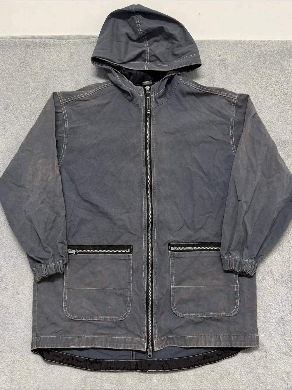 Vtg Gray Faded Hooded Jacket Gorpcore Workwear Utility Zip Russia Made Men’s L